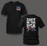 "Shot In the USA" design printed on White or Black T-shirts. - Shirt Guys Bowfishing and Hunting T-Shirts