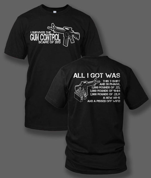 I Survived the Gun Control Scare of 2013 on a Black T-Shirt - Discontinue - Shirt Guys Bowfishing and Hunting T-Shirts
