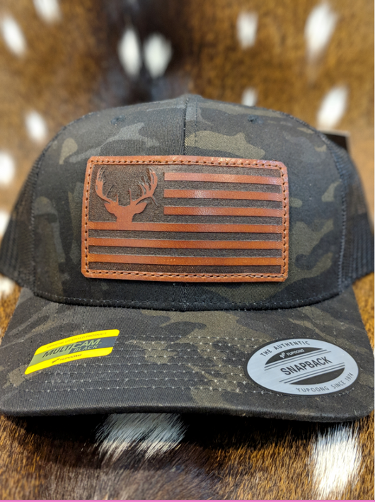 American Flag Deer Skull PATCH Hat - Shirt Guys Bowfishing and Hunting T-Shirts
