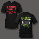 "Raisin' Hell and Bustin Scales" on a Black Gildan T-Shirt - Shirt Guys Bowfishing and Hunting T-Shirts