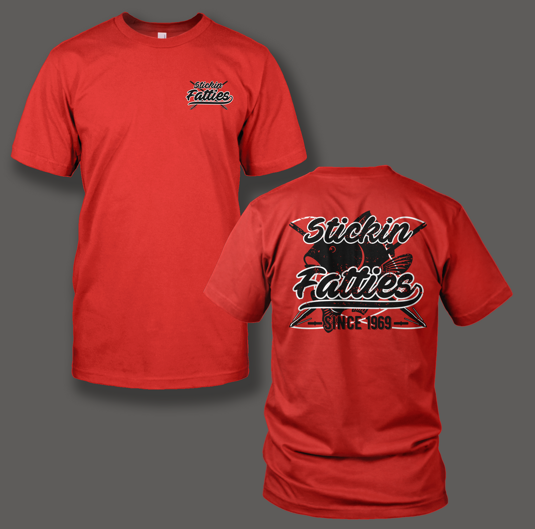 Stickin Fatties Printed on a Red T-Shirt - Shirt Guys Bowfishing and Hunting T-Shirts